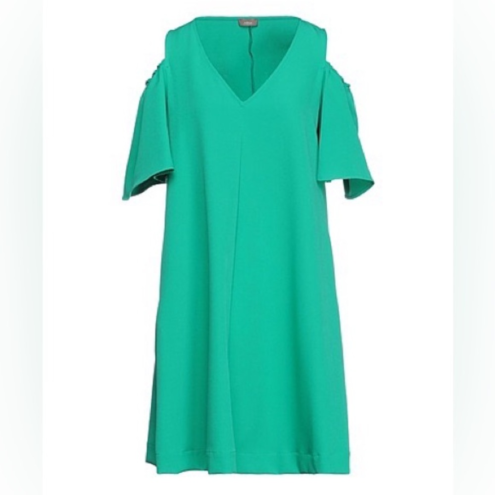 Green V-Neck Dress with cold shoulder sleeves.